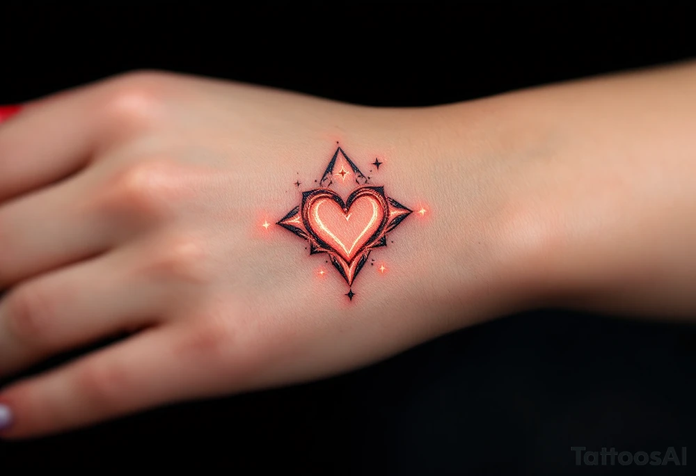 The symbol of love rune is etched into ancient stone, with glowing soft red accents that highlight the edges. A gentle mist surrounds the rune, adding to its ethereal appearance, and delicate silver stars enhance its cosmic energy. tattoo idea