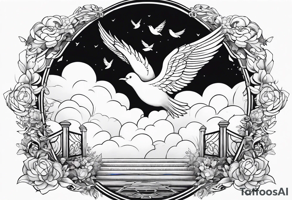 Angel baby hand reaching out to hands from clouds with birds flying to heaven gates tattoo idea