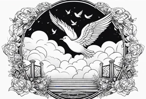Angel baby hand reaching out to hands from clouds with birds flying to heaven gates tattoo idea