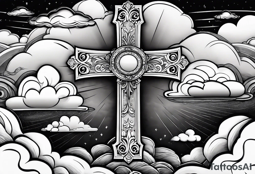 bible verse with a very simple cross in the background and realistic clouds shadowing the cross in the background tattoo idea