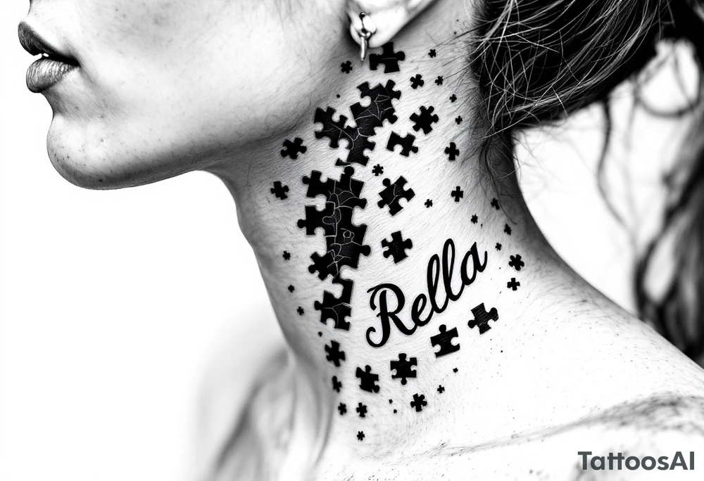 Puzzle piece tattoo on side of the neck  and have a missing piece on the side that says Rella on it. tattoo idea