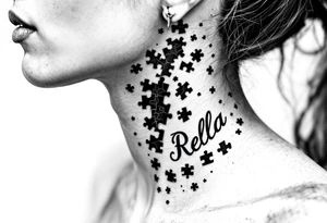 Puzzle piece tattoo on side of the neck  and have a missing piece on the side that says Rella on it. tattoo idea