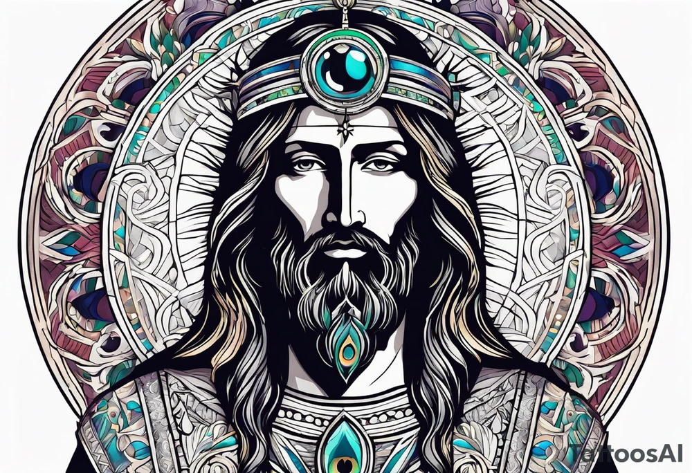 flat stern byzantine Christ with all-demanding eyes with a halo made of peacock feathers tattoo idea