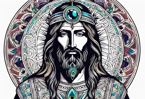 flat stern byzantine Christ with all-demanding eyes with a halo made of peacock feathers tattoo idea