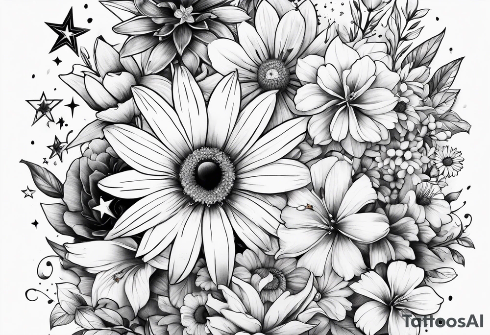 Collage of flowers and stars tattoo idea
