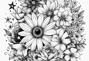 Collage of flowers and stars tattoo idea