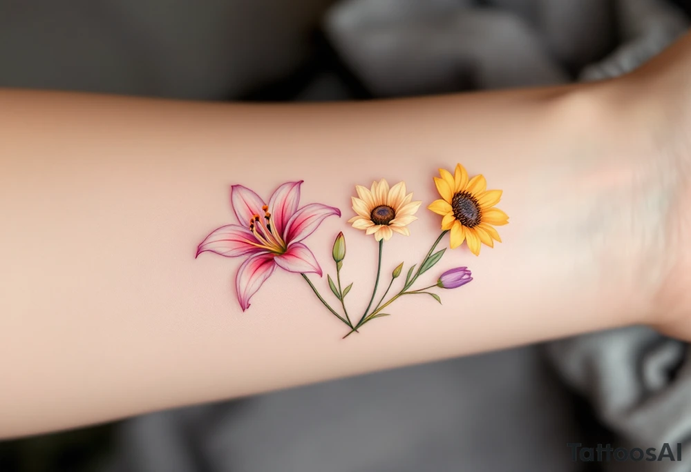 Small Stargazer lillies pale pink with no outline 
with small yellow sunflowers and pale purple tulip buds in a dainty wildflower bouquet with light green stems tattoo idea