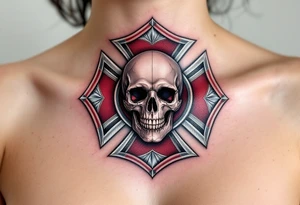 A fire department Maltese cross with a skull in the center, accented with silver and deep crimson tones for a bold, fearless design. tattoo idea