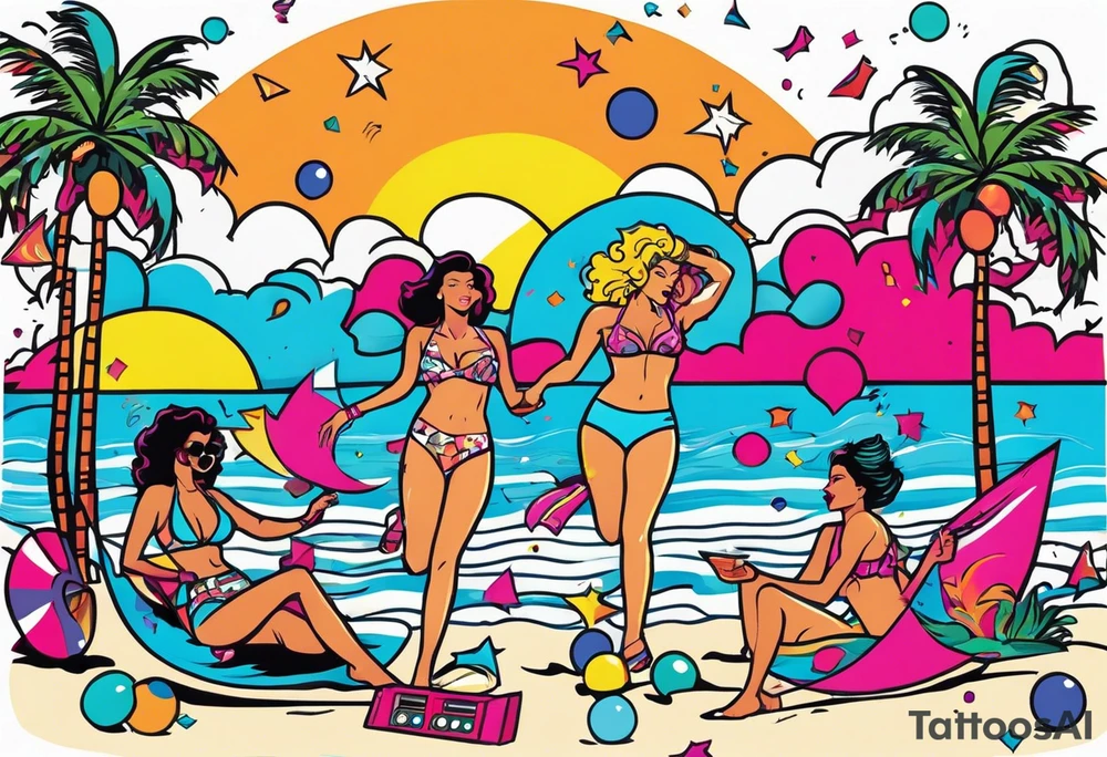 1980's miami vice style beach dance 
party, include confetti, music notes, boom box, bikinis sunset in the center tattoo idea