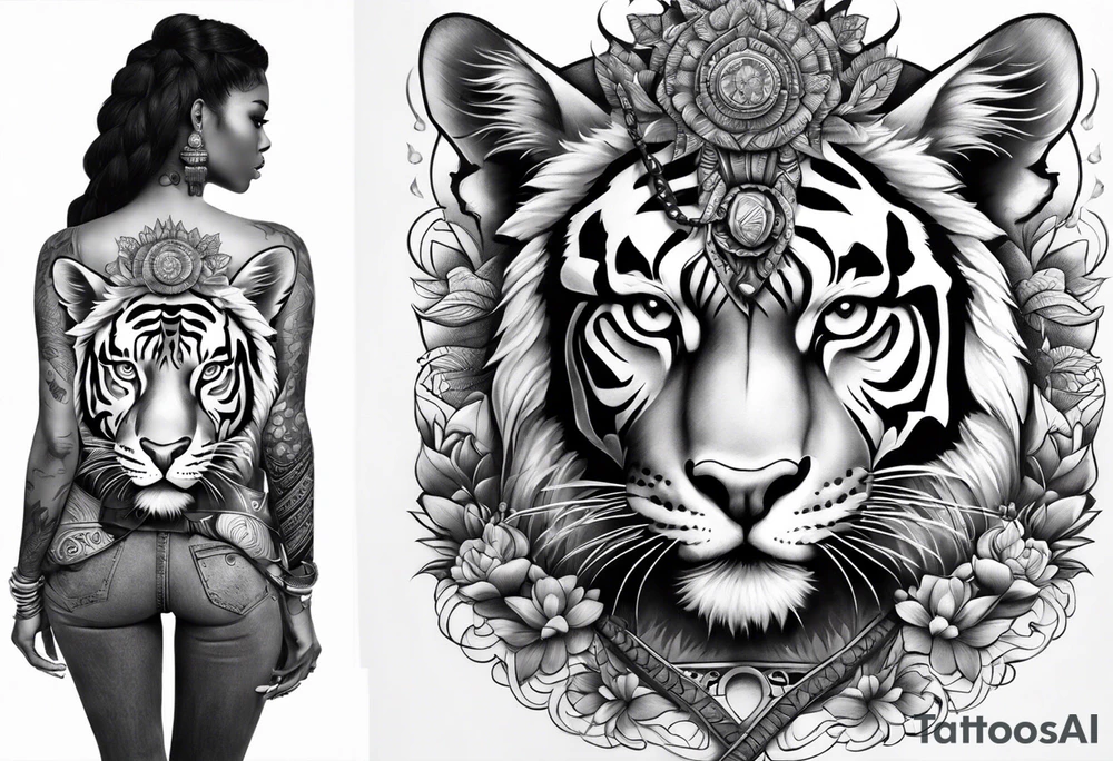 African goddess with sword and tiger Japanese traditional style full sleeve tattoo tattoo idea