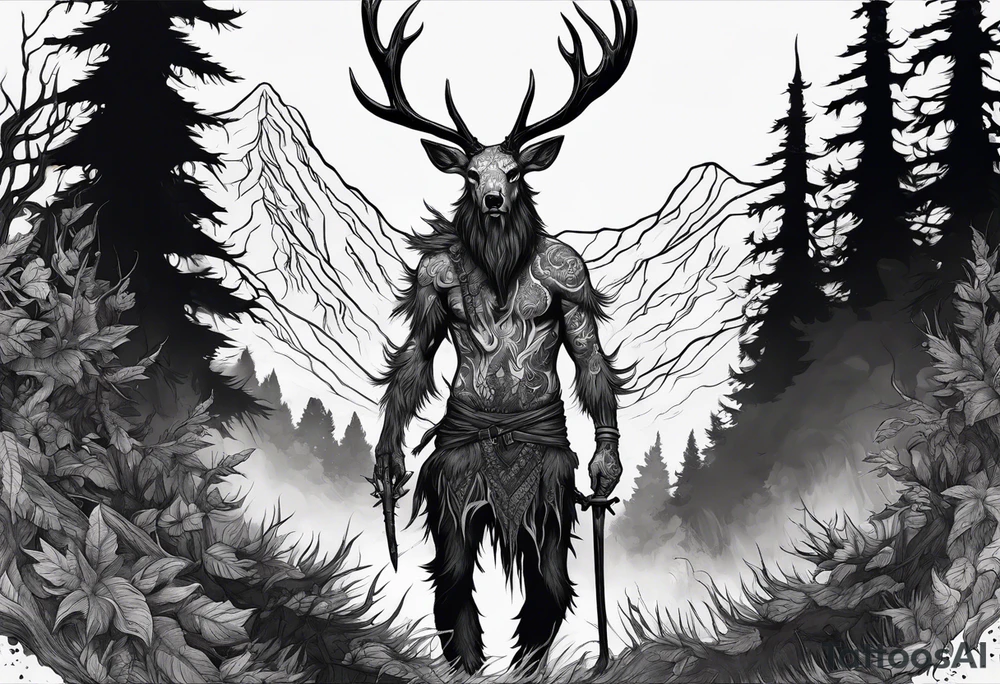 A spooky dead lore accurate wendigo surrounded by a forest fire in background tattoo idea