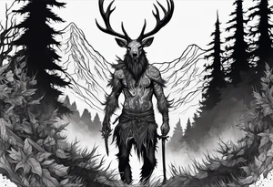 A spooky dead lore accurate wendigo surrounded by a forest fire in background tattoo idea