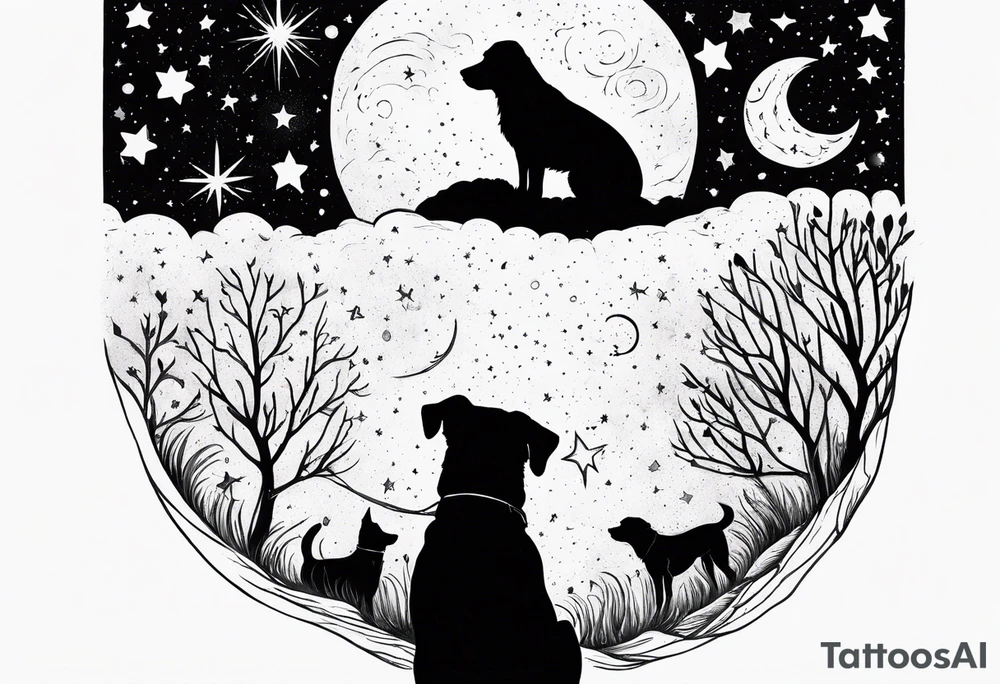 Me and my 3 dogs as silhouettes looking up at a night sky with galaxies comets and other space elements. Must fit on an upper arm. tattoo idea