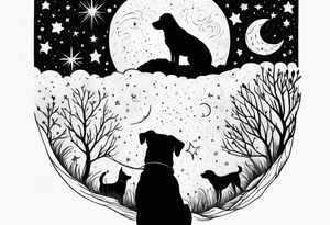 Me and my 3 dogs as silhouettes looking up at a night sky with galaxies comets and other space elements. Must fit on an upper arm. tattoo idea