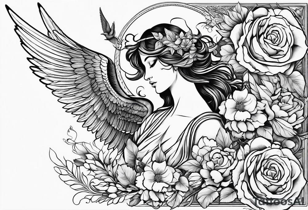 A mix of Greek and angel designs while including swallows. tattoo idea