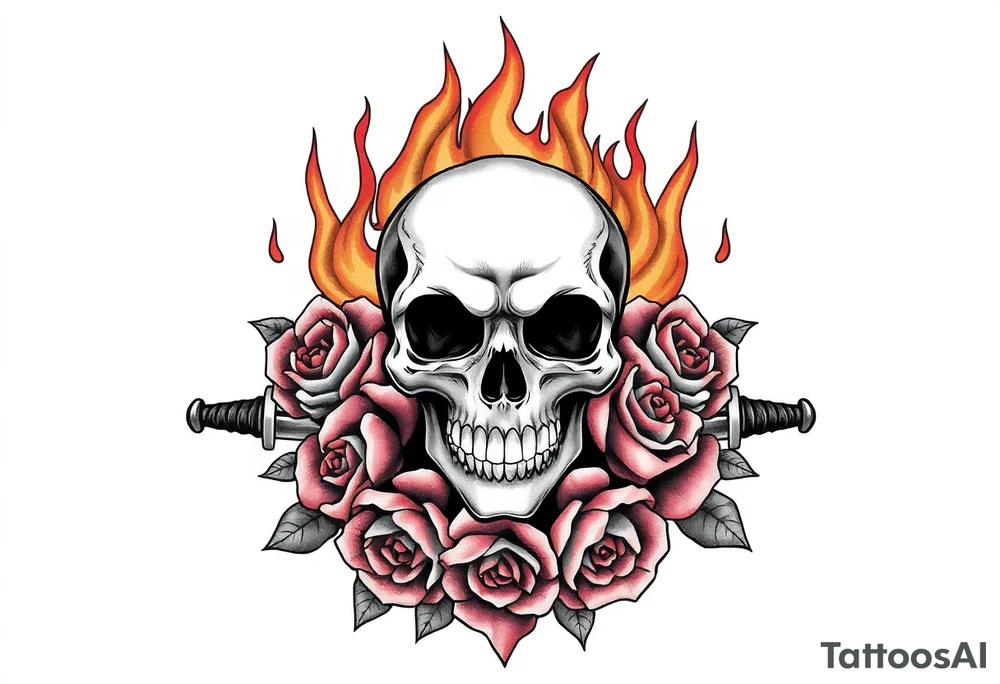 Skull engulfed in flames, crossed swords behind, blooming roses. tattoo idea