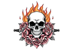 Skull engulfed in flames, crossed swords behind, blooming roses. tattoo idea