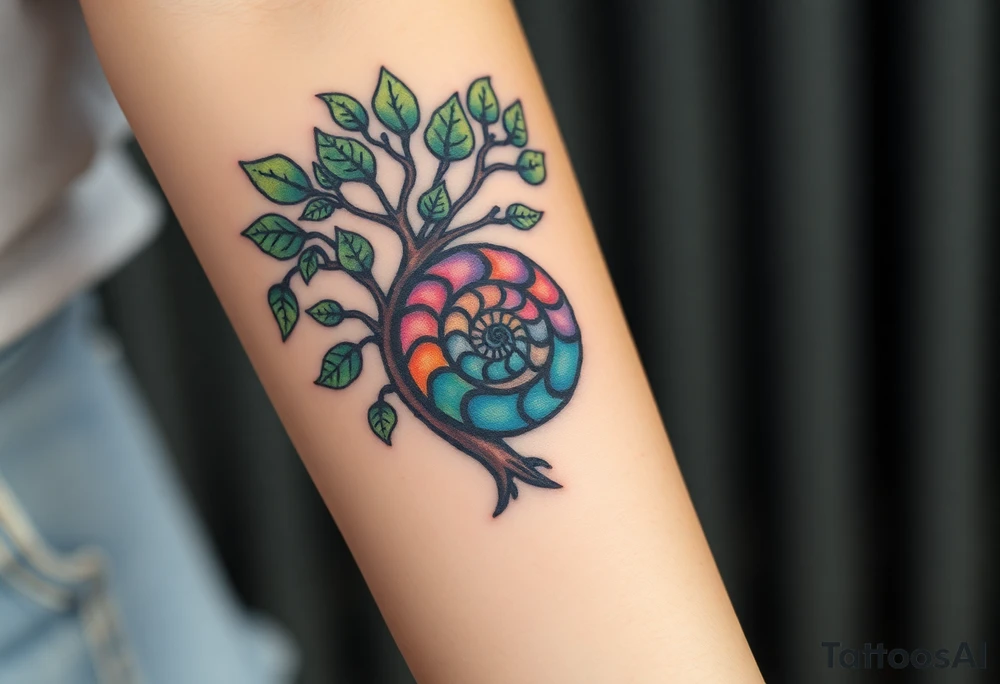 Fibonacci spiral shell inside of tree full of leaves tattoo idea