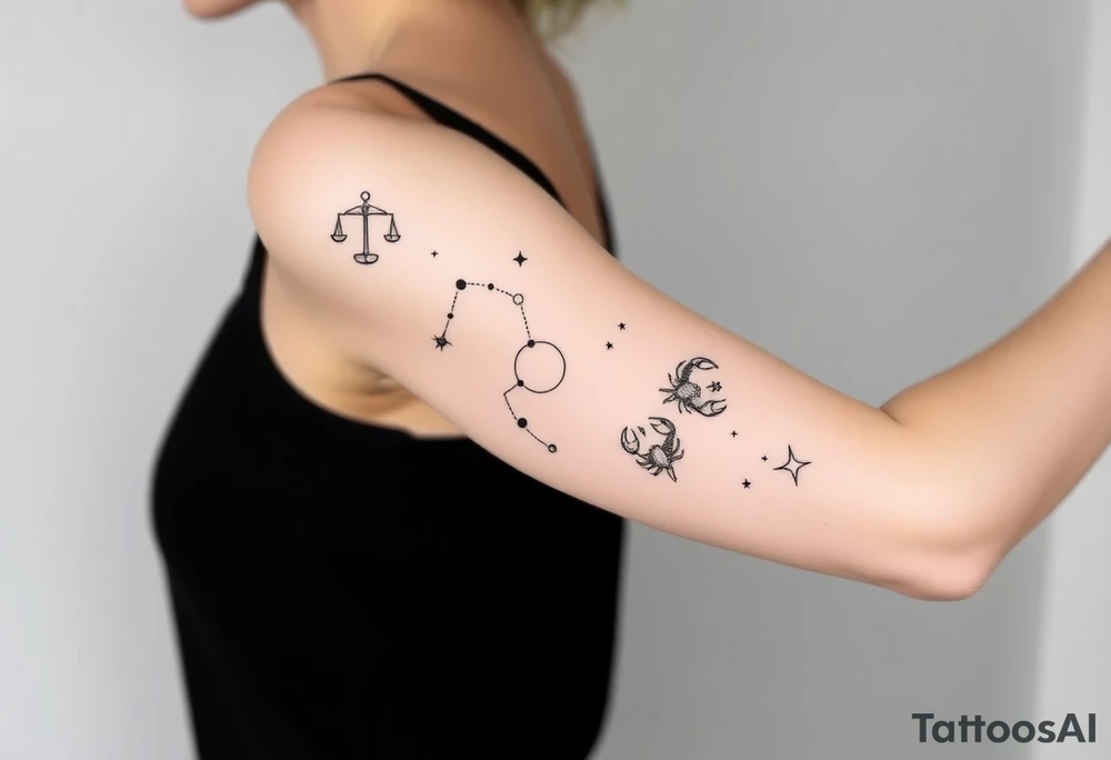 Stars constellation tattoo with libra, cancer, Taurus, 2 scorpio and capricorn tattoo idea