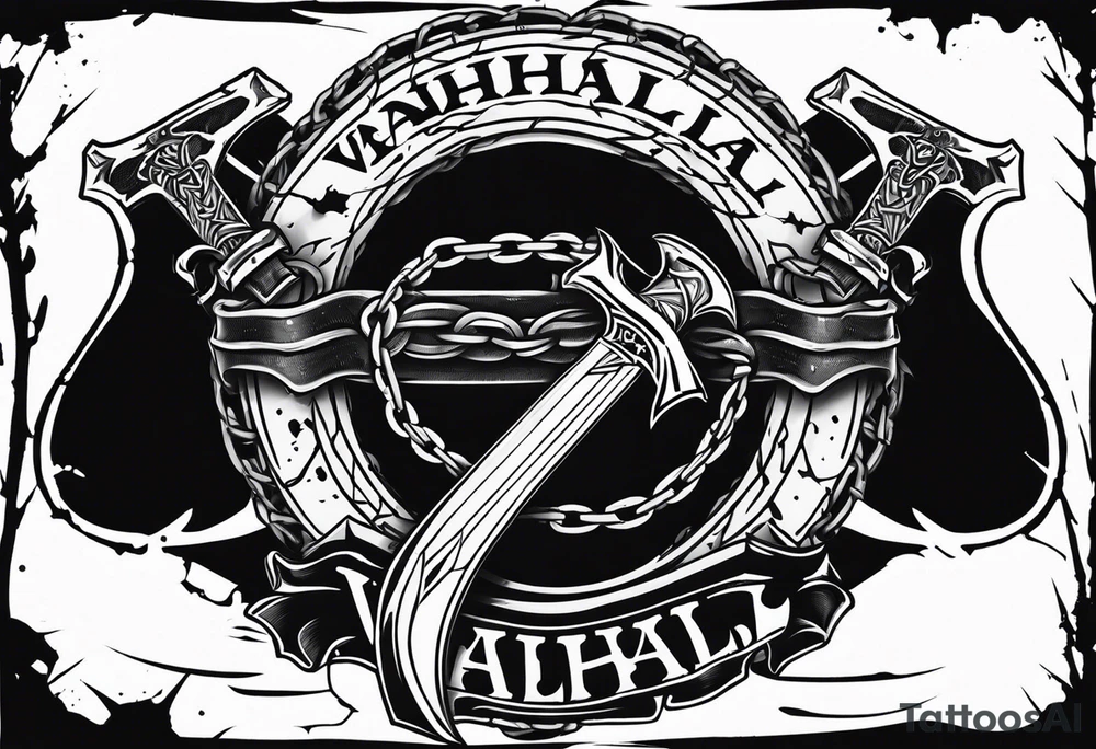 Valhalla sword round shield axe barbed wire chains tattoo idea