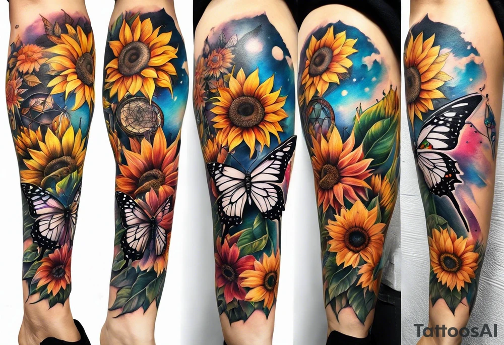 Quarter Leg sleeve with dreamcatcher, rainbow sunflowers and one butterfly tattoo idea