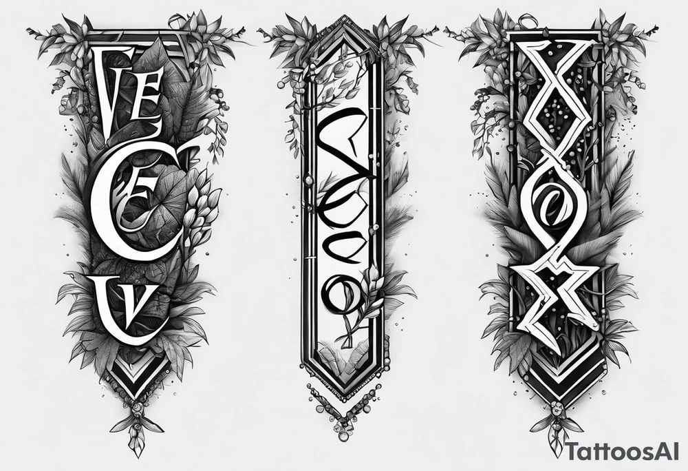 black and white tattoo around the leg in the design of a twig with beads below which hang three letters, namely the letter E, V and A tattoo idea