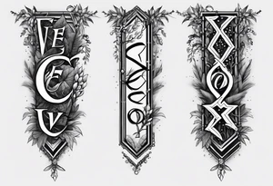 black and white tattoo around the leg in the design of a twig with beads below which hang three letters, namely the letter E, V and A tattoo idea