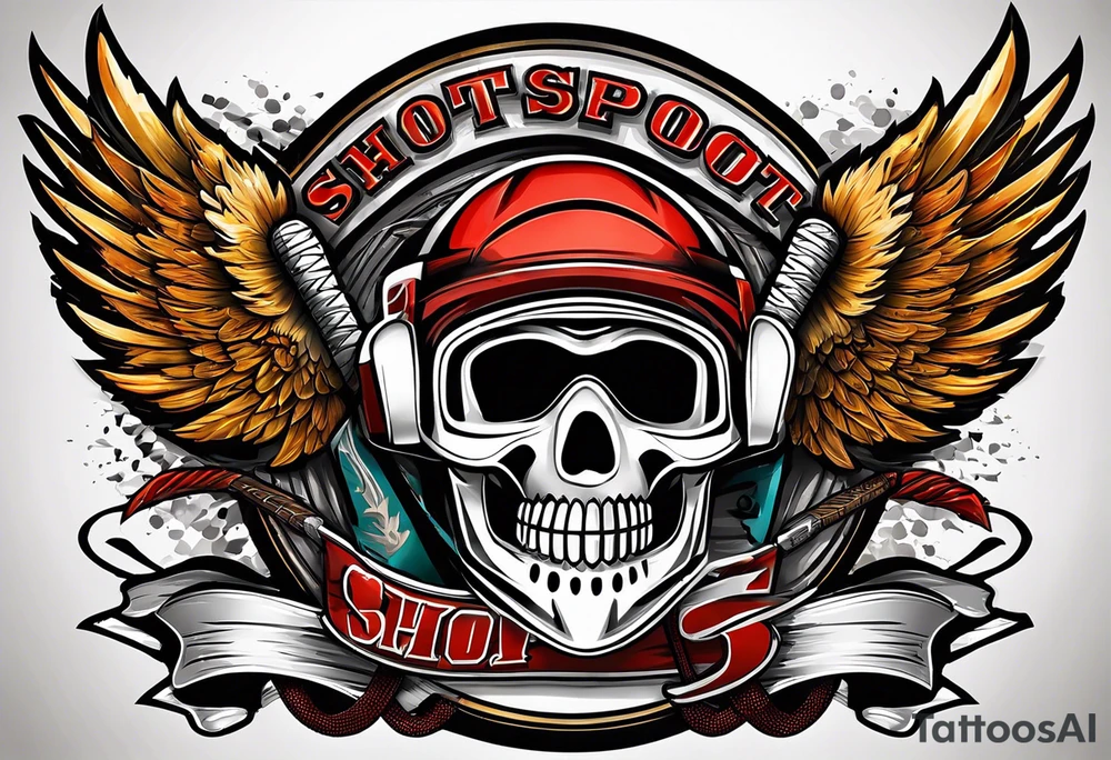 crossed hockey sticks with sports equipment and wings that says "SHOT SPORTS" tattoo idea