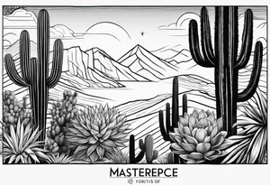 Forearm vertical, cactus, mountain, 2 hikers tattoo idea