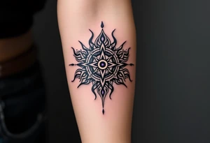 A minimalist black Celtic sun, outlined with violet accents, brings a modern touch to ancient symbolism. tattoo idea