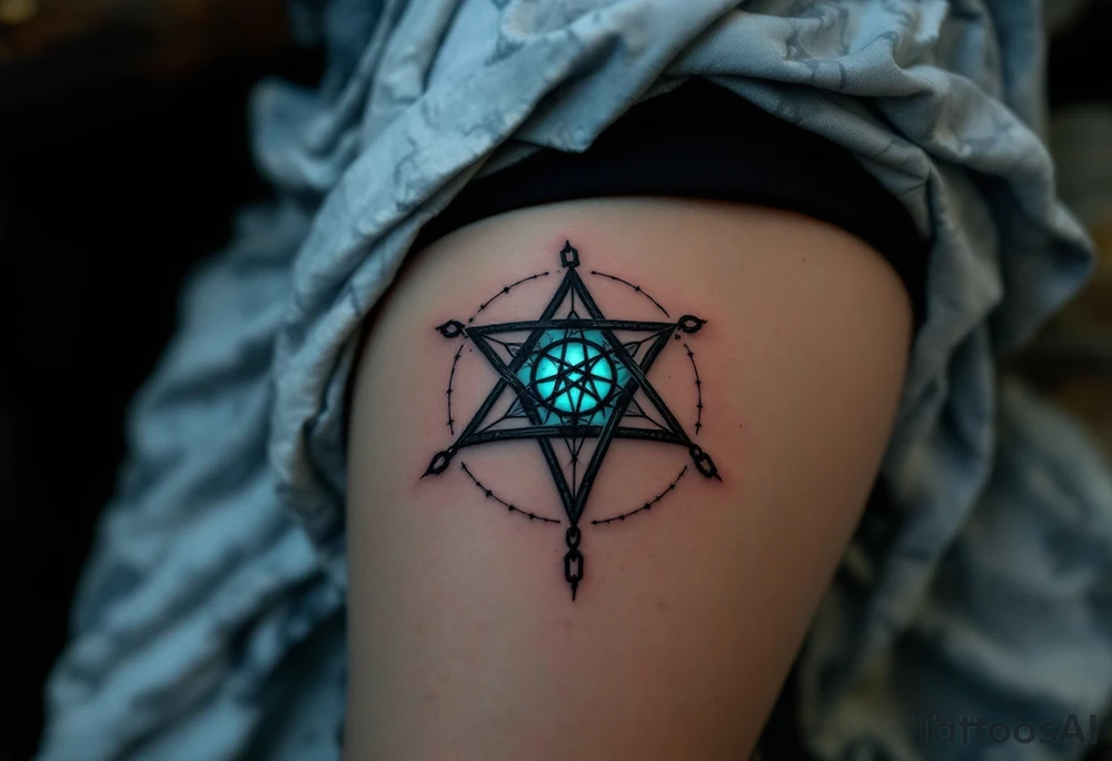 A pentagram forged from black iron chains, glowing faintly with a ghostly cyan aura. tattoo idea