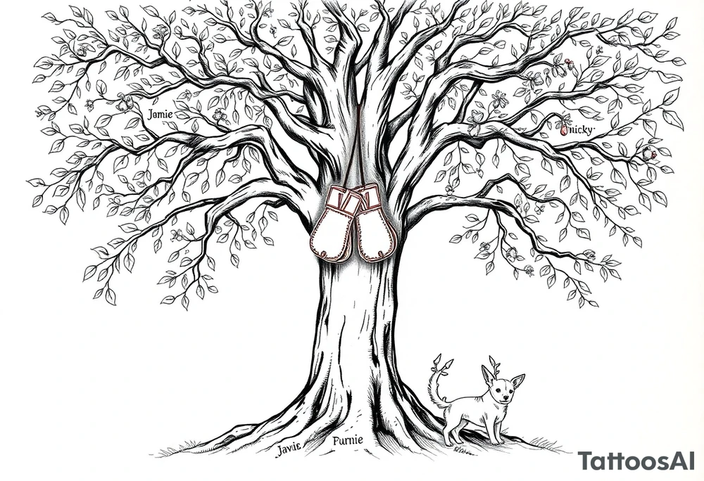 Hippy beech tree full of life. 
Jamie, Derek, Iris, John, bill, Winnie names in the roots, Mavis, Garhi, Mickey, Pam, Lucy, in the branches at the top. Names can be in Hebrew. 
Three dogs a Rhodesian Ridgeback, King Charles cavalier and chihuahua. 
Prett, feminine ornate. Boxing gloves hanging from tree tattoo idea