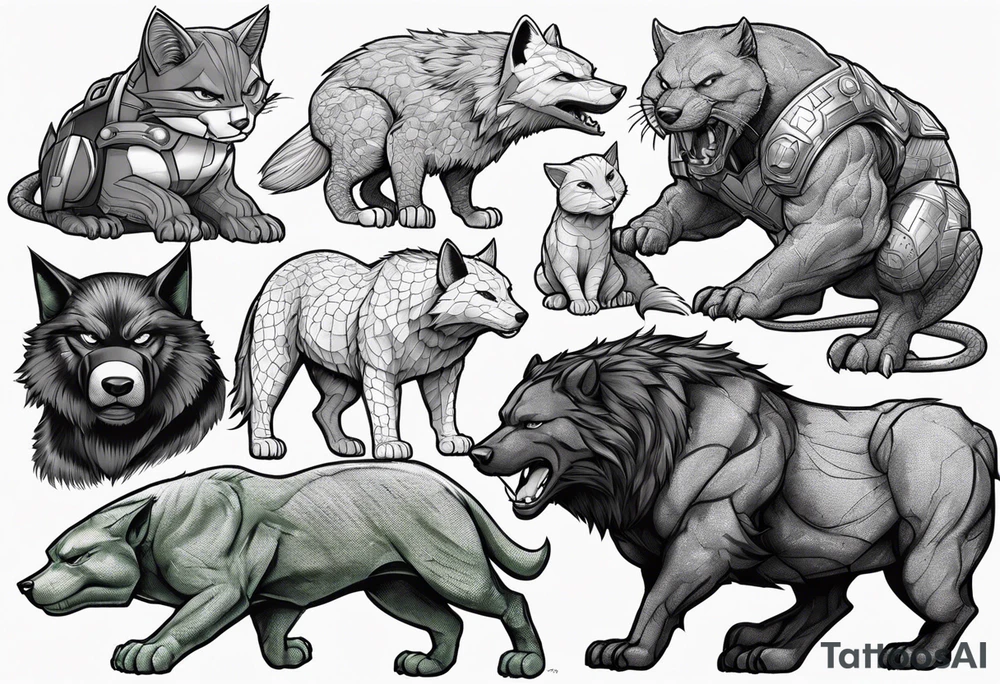 I want to change Avengers Team characters with animals. Hulk will be Badger, Thor will be Alpha Grey Wolf, Captain America will be Bull, Iron Man will be Canary, Black Widow will be Axolotl, Hawk Eye will be Sudan Plated Lizard and Nick Fury will be Cat. tattoo idea