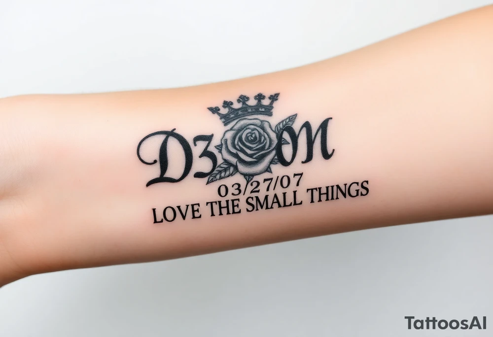 Name D3von with a crown and rose and cross and 03/27/07 and it says under all LOVE THE SMALL THINGS tattoo idea