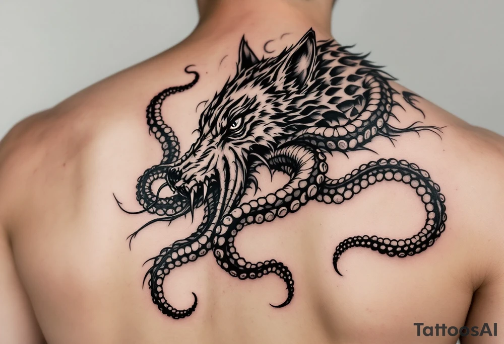 Fantasy Wolf octopus in the arm tattoo idea