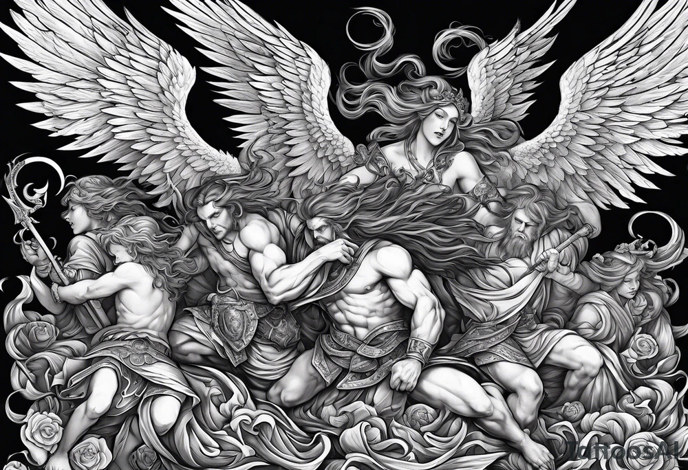 Angels fighting demons crawling from hell tattoo idea