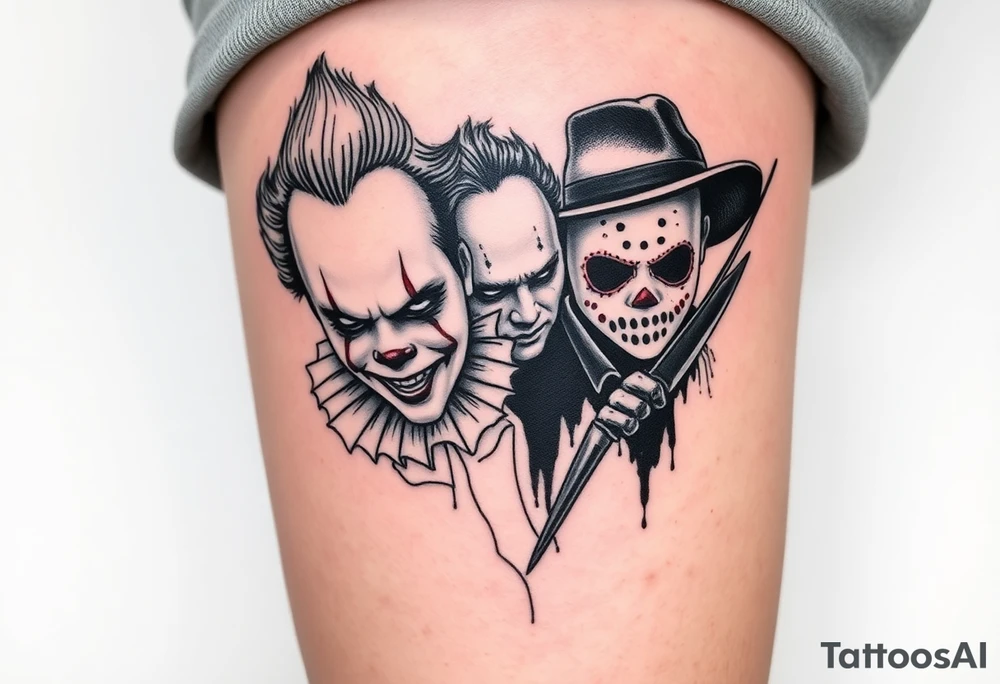 Pennywise, Freddy Krueger, Michael Meyers, and jason voorhees tattoo idea Pennywise, Freddy Krueger, Michael Meyers, and jason voorhees tattoo idea