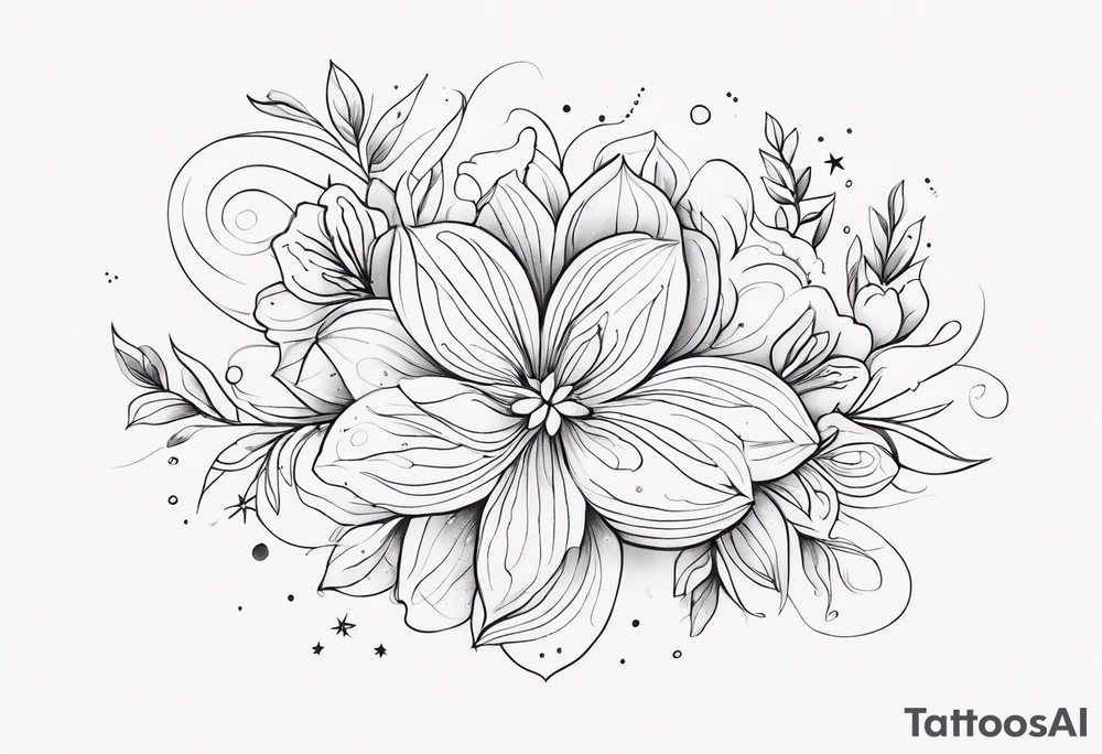 fine line floral with stars, swirls, dots tattoo idea