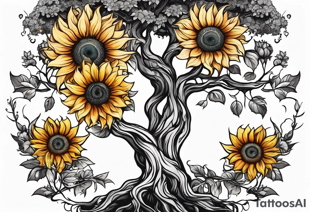 Feminine Yggdrasil tree with two sunflowers tattoo idea