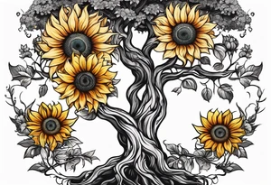 Feminine Yggdrasil tree with two sunflowers tattoo idea