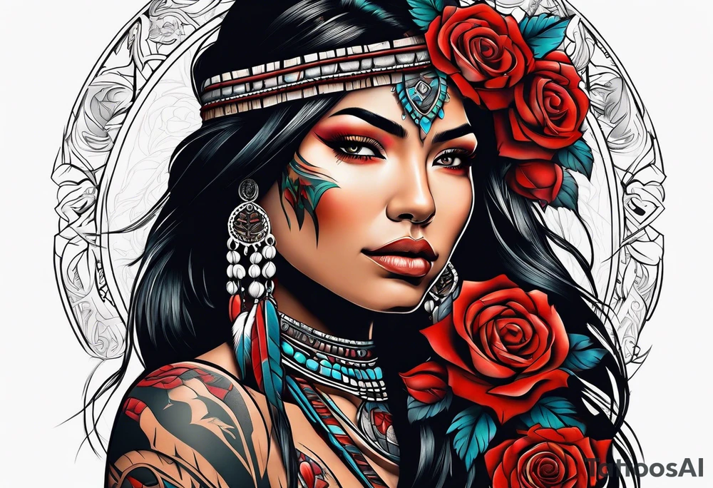 Native American woman wrapped in roses with a wolf tattoo idea