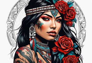 Native American woman wrapped in roses with a wolf tattoo idea