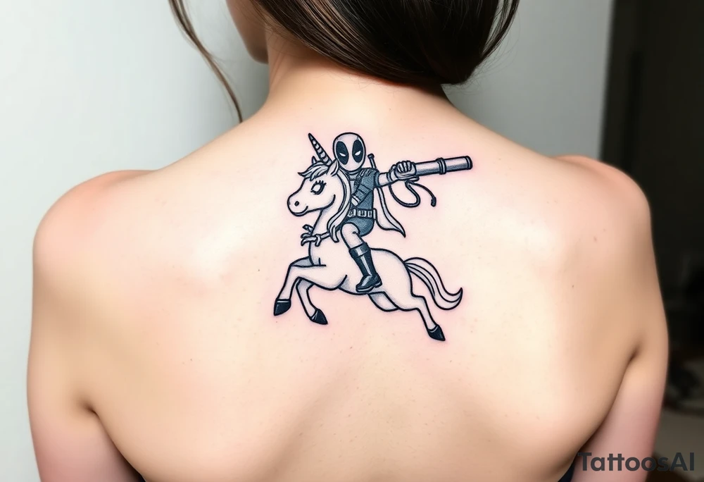 Deadpool riding unicorn pointing rocket propelled grenade launcher tattoo idea