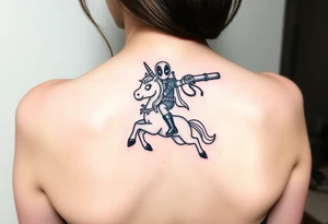 Deadpool riding unicorn pointing rocket propelled grenade launcher tattoo idea