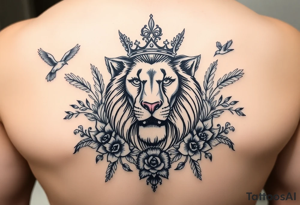 powerful majestic lion with a crown, surrounded by floral ornaments and birds tattoo idea