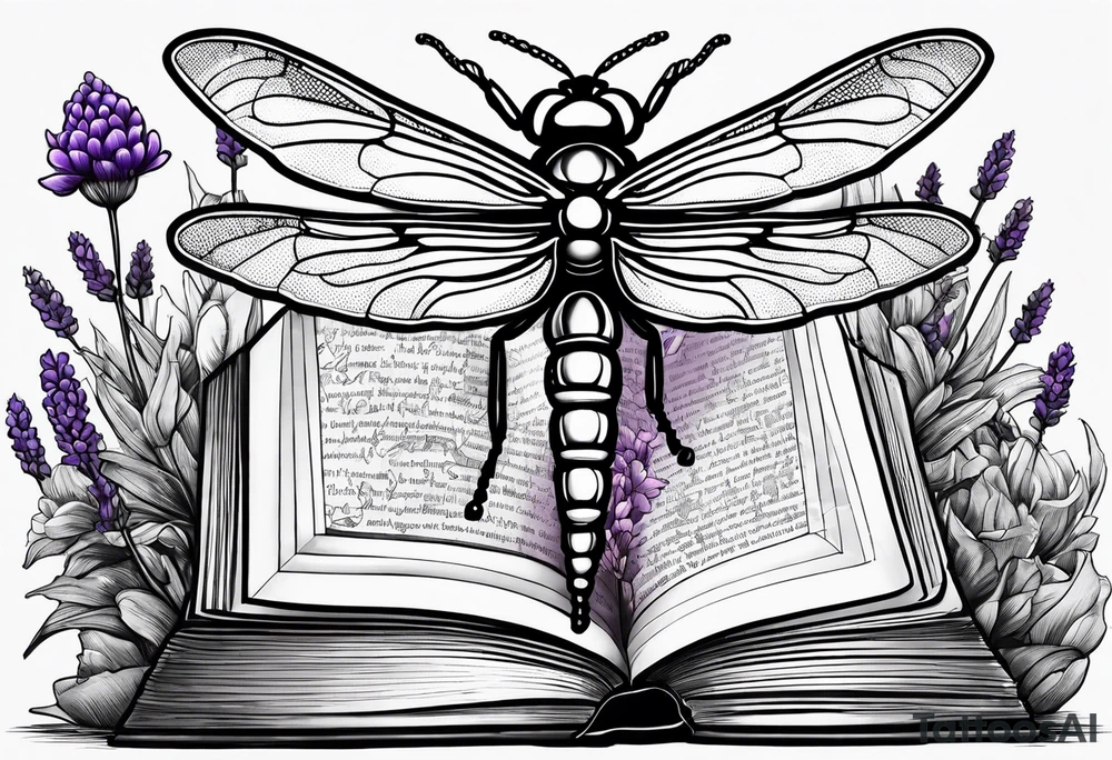Open Book lavender dragonfly bee standing stones tattoo idea