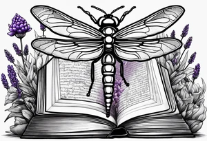 Open Book lavender dragonfly bee standing stones tattoo idea