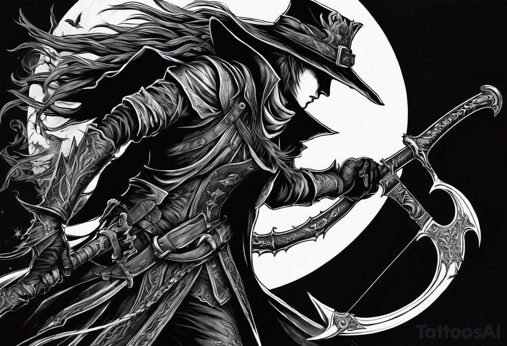 Bloodborne hunter, holding  scythe, howling, Dual wielding tattoo idea