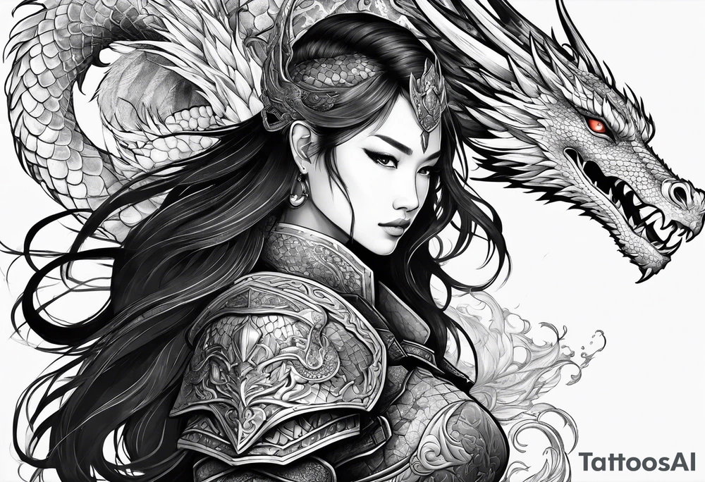 beautiful warrior woman wearing dragon armor and a dragon flying tattoo idea