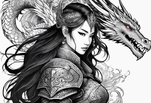 beautiful warrior woman wearing dragon armor and a dragon flying tattoo idea